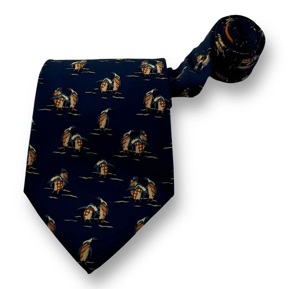 Salvatore Ferragamo Blue‎ w/ Orange Penguin Print Silk Neck Tie Size 3.5